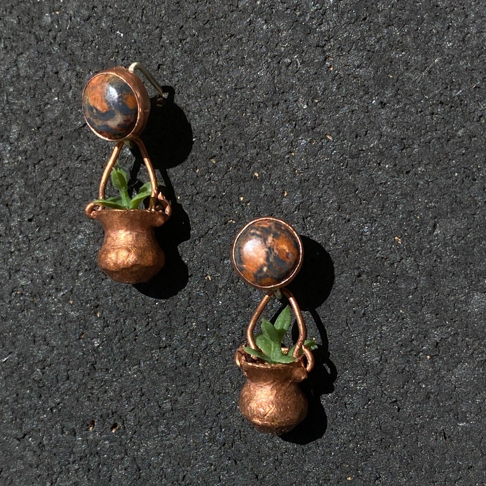 Copper and Leopard Jasper Green Pot Earrings